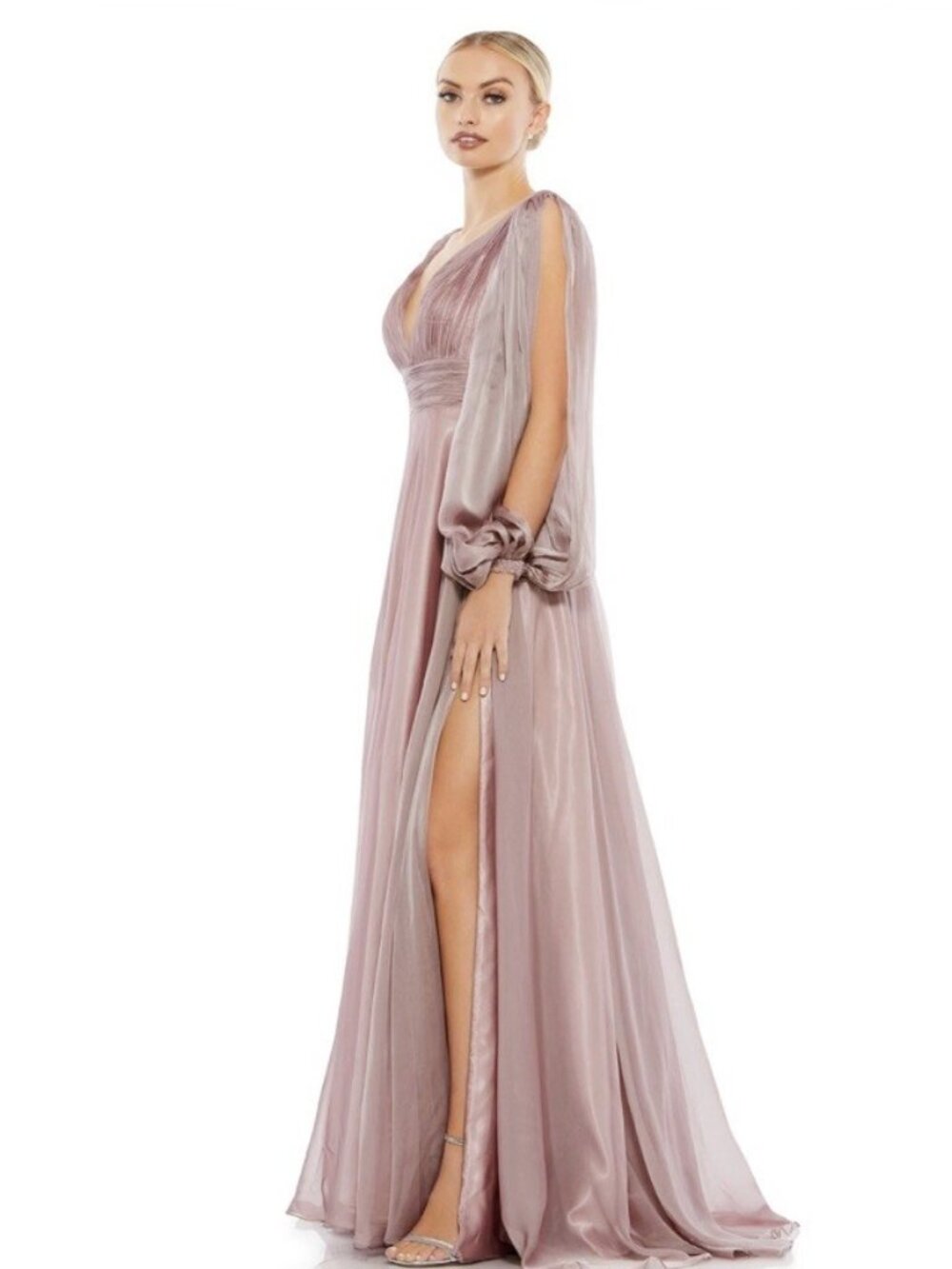 Mac Duggal Size 6 Mauve 67414 Chiffon Gown Dress Cutaway Sleeve Beaded Cuff Prom - Picture 3 of 15